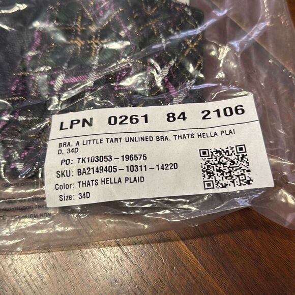 Savage X A Little Tart Black Purple Plaid Unlined Bra 34D - Picture 3 of 5